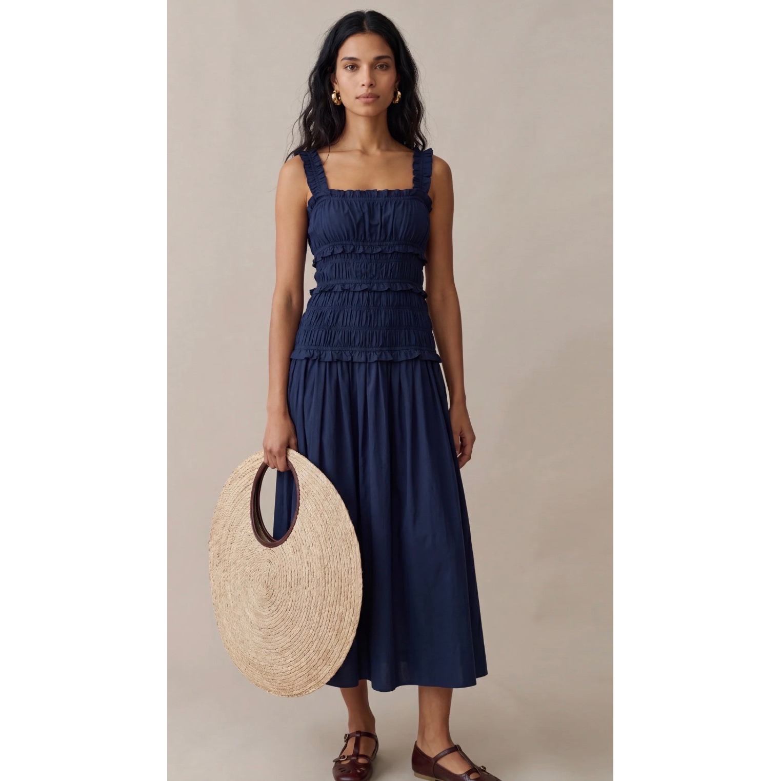 Few Moda O.P.T One Pretty Time Navy Blue Smocked Tiered Midi Dress Womens M